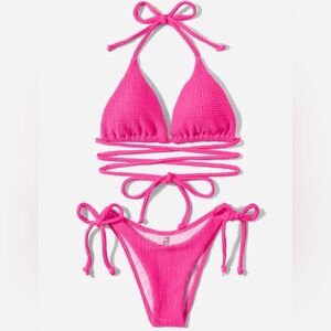 Pink Rib Knit Halter Tie Side Bikini Set